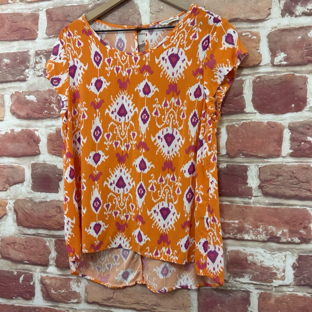 Christian Siriano Top Womens XL Orange Multicolor Boho Abstract Ikat Shirt - Picture 3 of 8